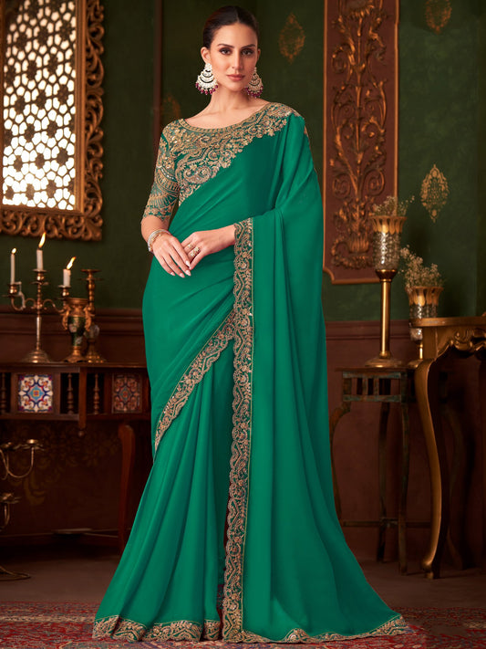 Green Sea Party Wear Satin Silk Embellished Saree
