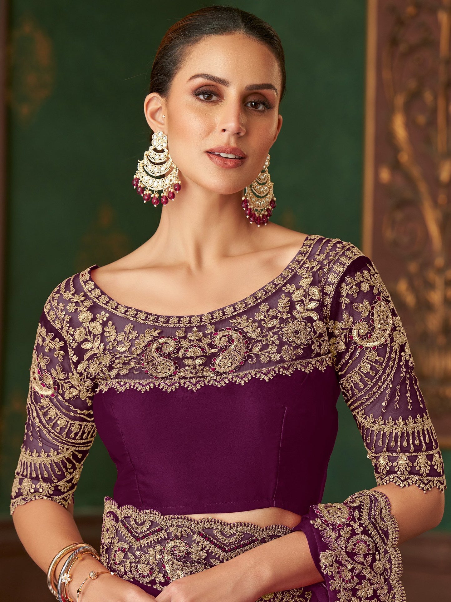 Burgundy Party Wear Satin Silk Embellished Saree