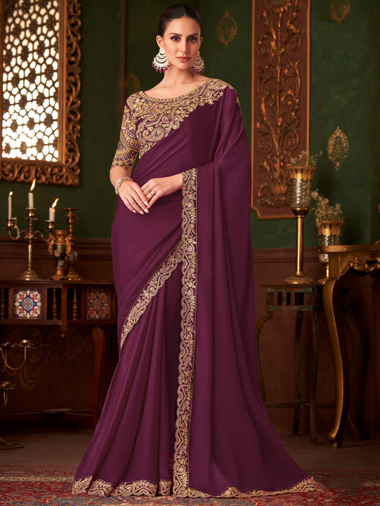 Purple Burgundy Party Wear Satin Silk Embellished Saree