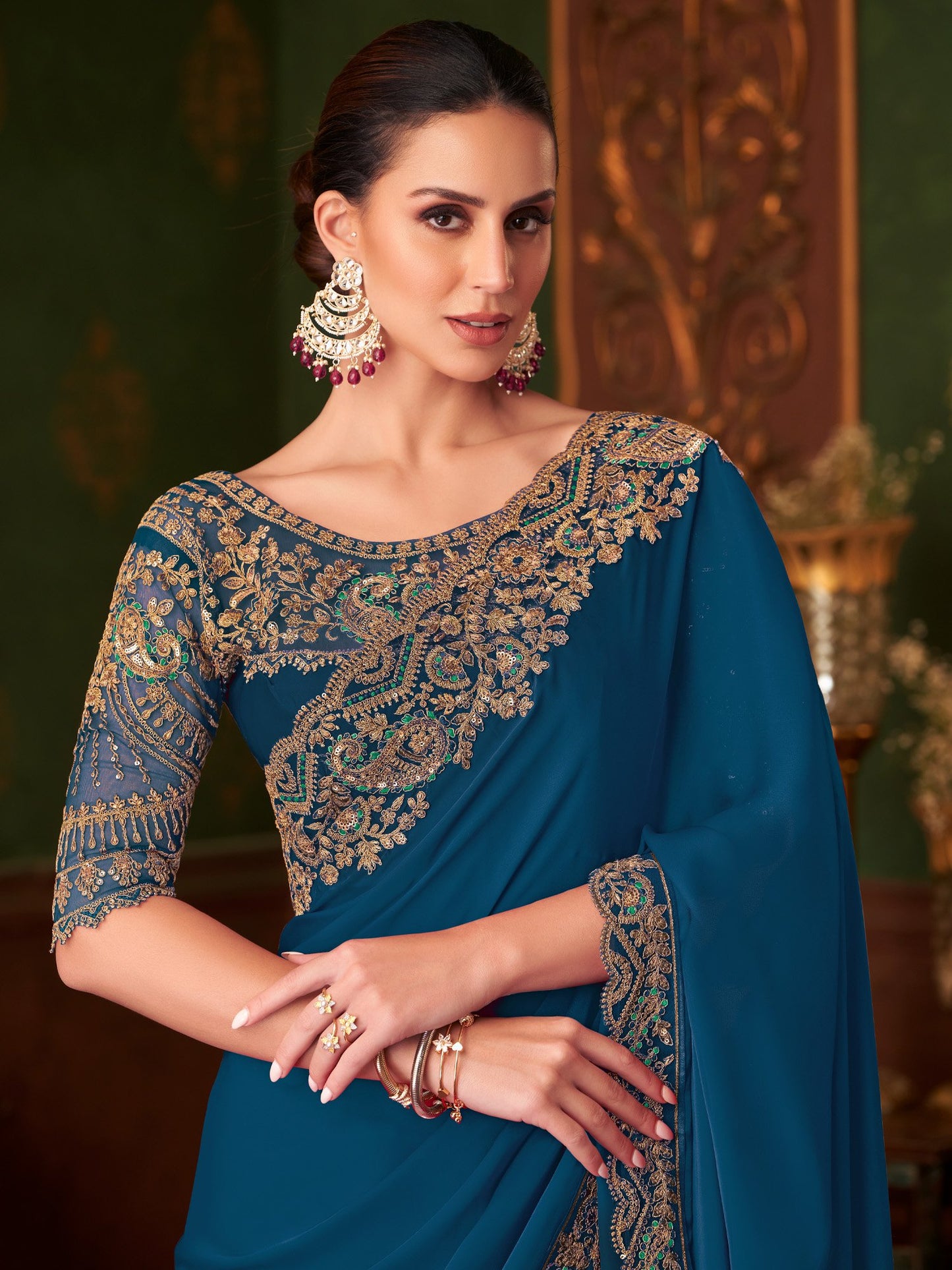 Blue Party Wear Satin Silk Embellished Saree