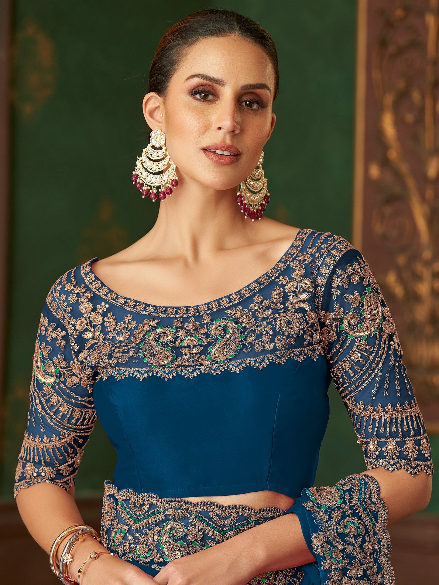 Blue Party Wear Satin Silk Embellished Saree