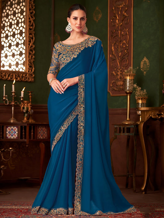 Blue Blue Party Wear Satin Silk Embellished Saree