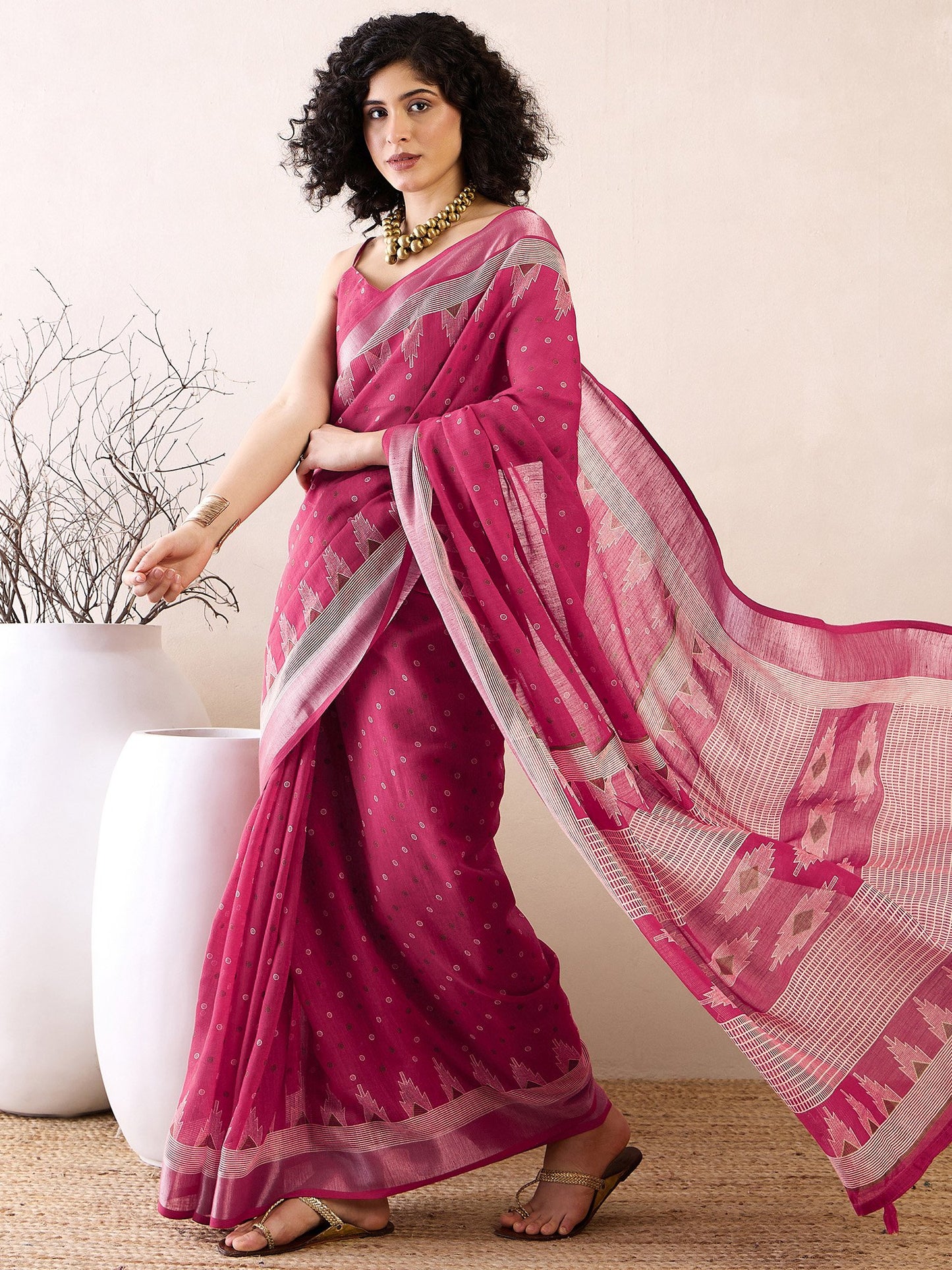 Pink Bagru Cotton Linen Printed Saree