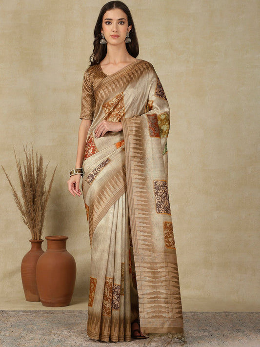 Cream Beige Kasavu Cotton Silk Woven Saree