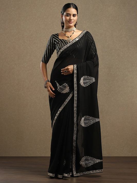 Black Black Party Wear Vichitra Silk Embellished Saree