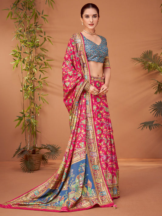 Pink Pink Banarasi Viscose Silk Printed Saree