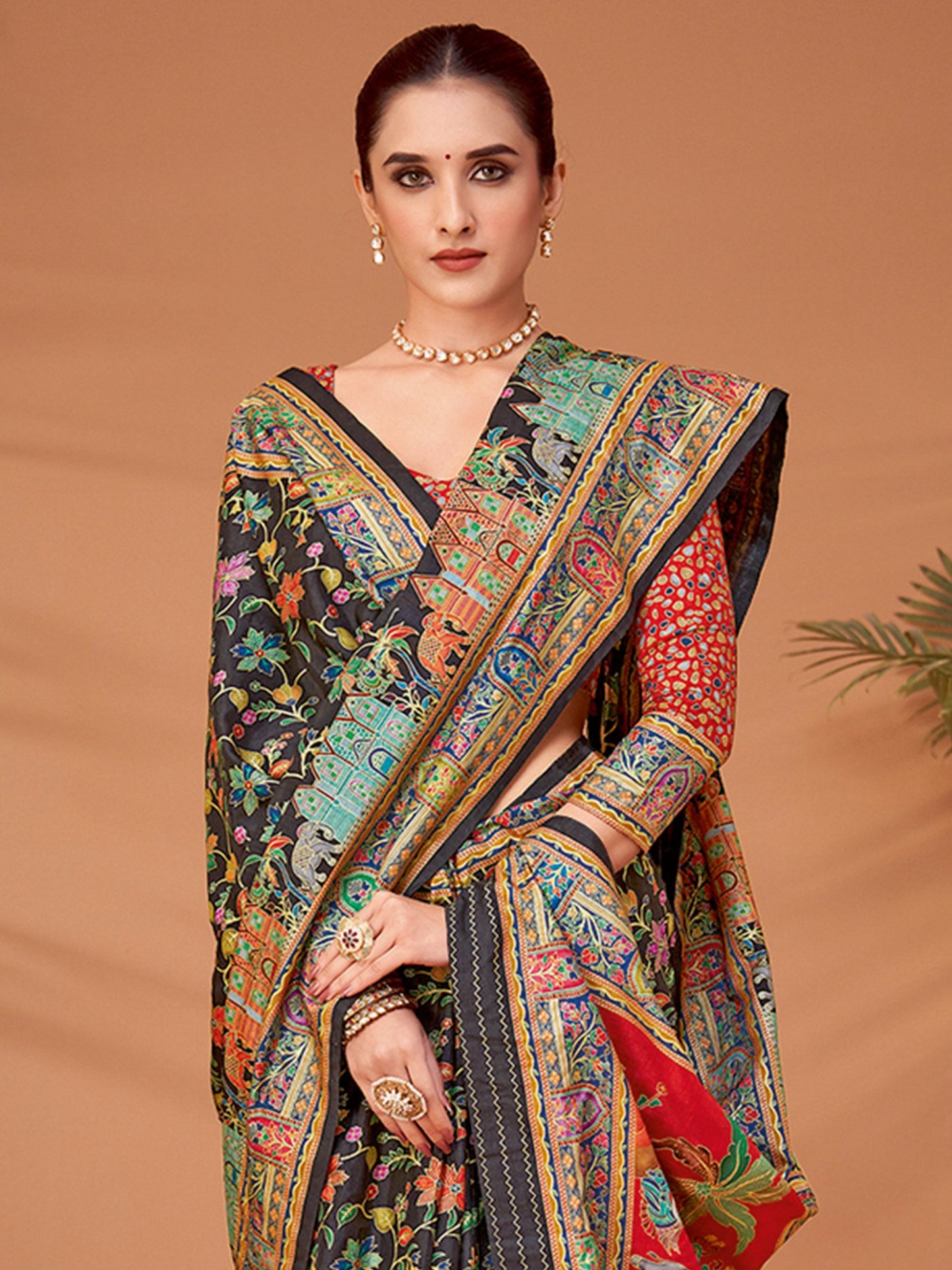 Black Banarasi Viscose Silk Printed Saree