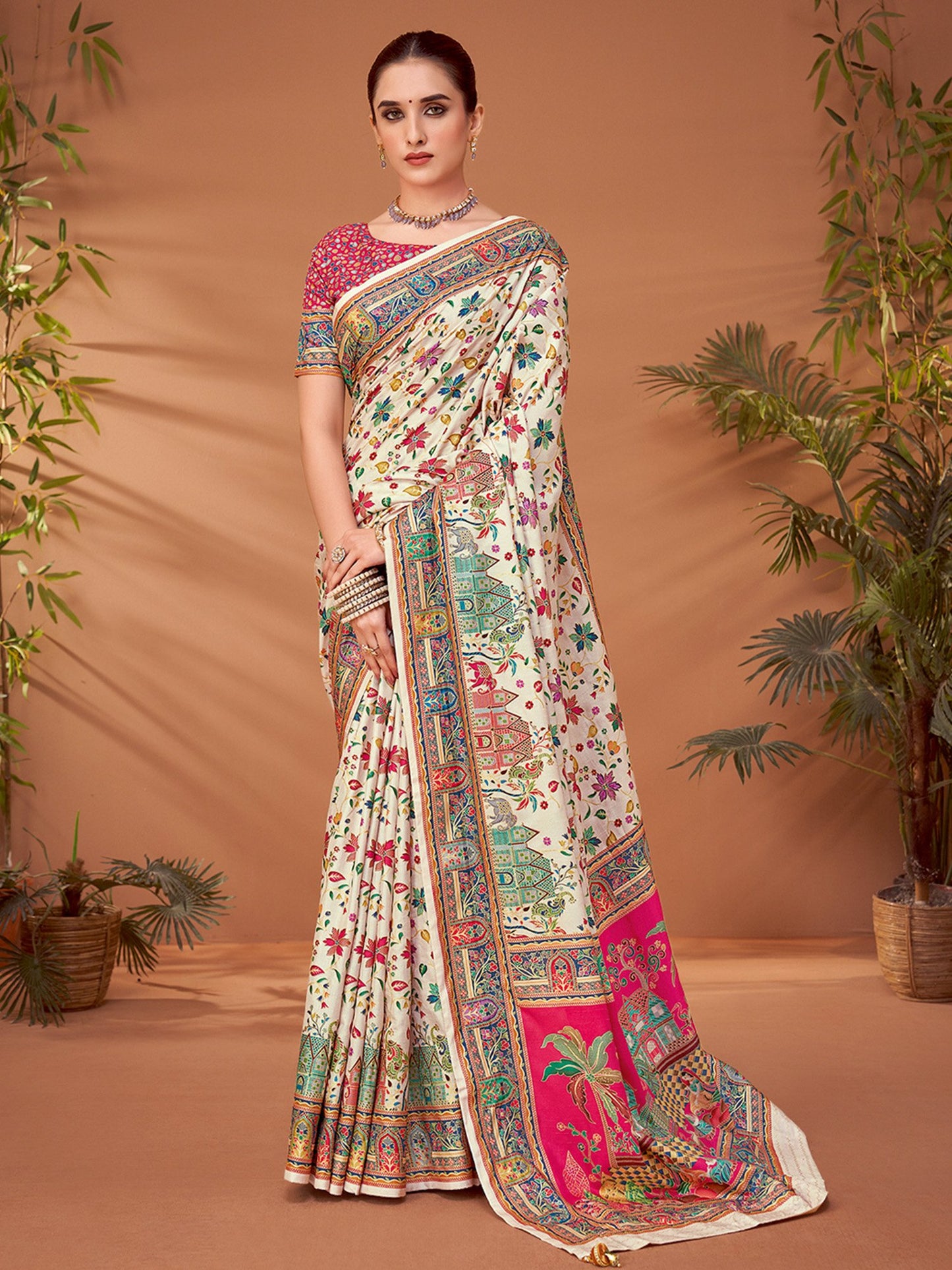 Cream Cream Banarasi Viscose Silk Printed Saree
