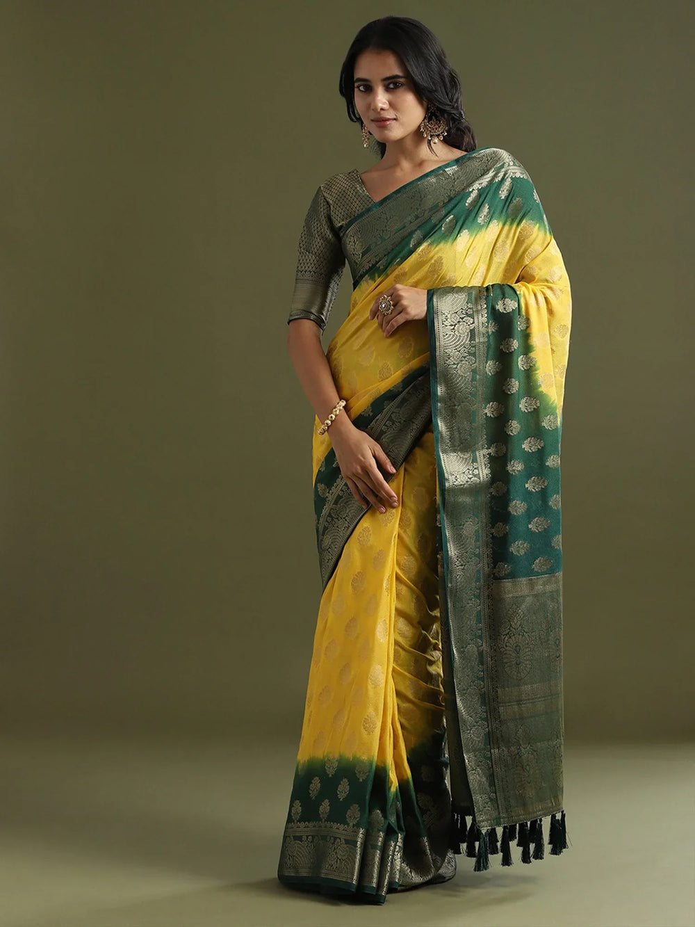 Yellow Kanjeevaram Georgette Woven Saree - The Dori Store