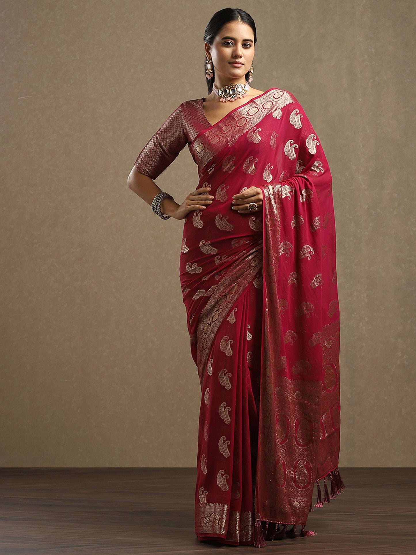 Maroon Bagh Georgette Woven Saree