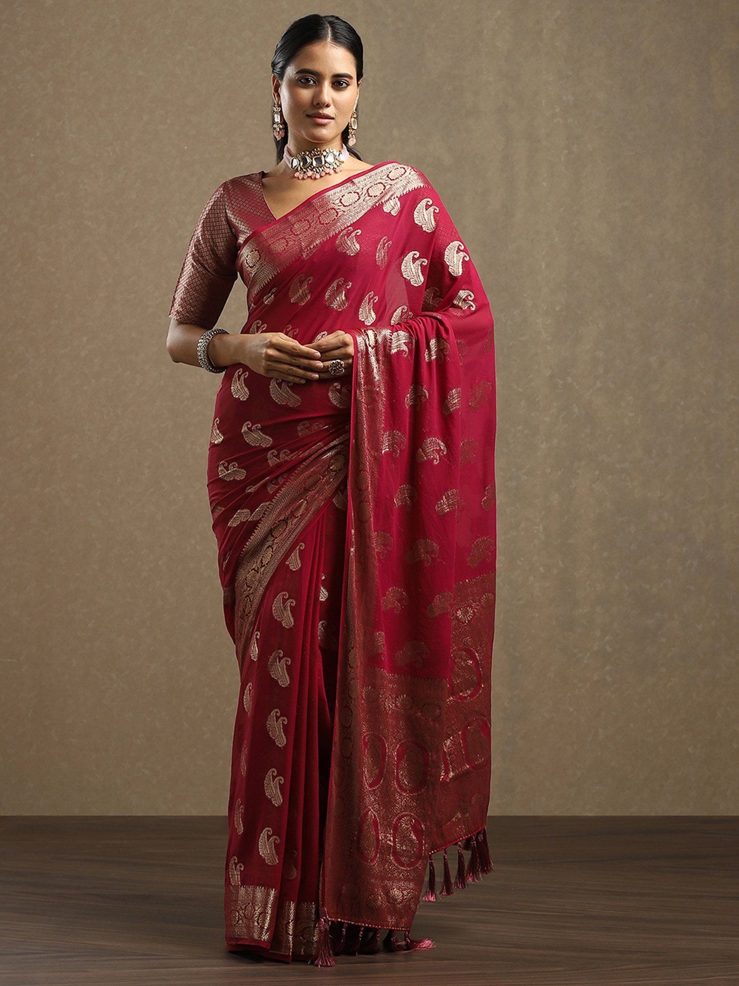 Maroon Maroon Bagh Georgette Woven Saree