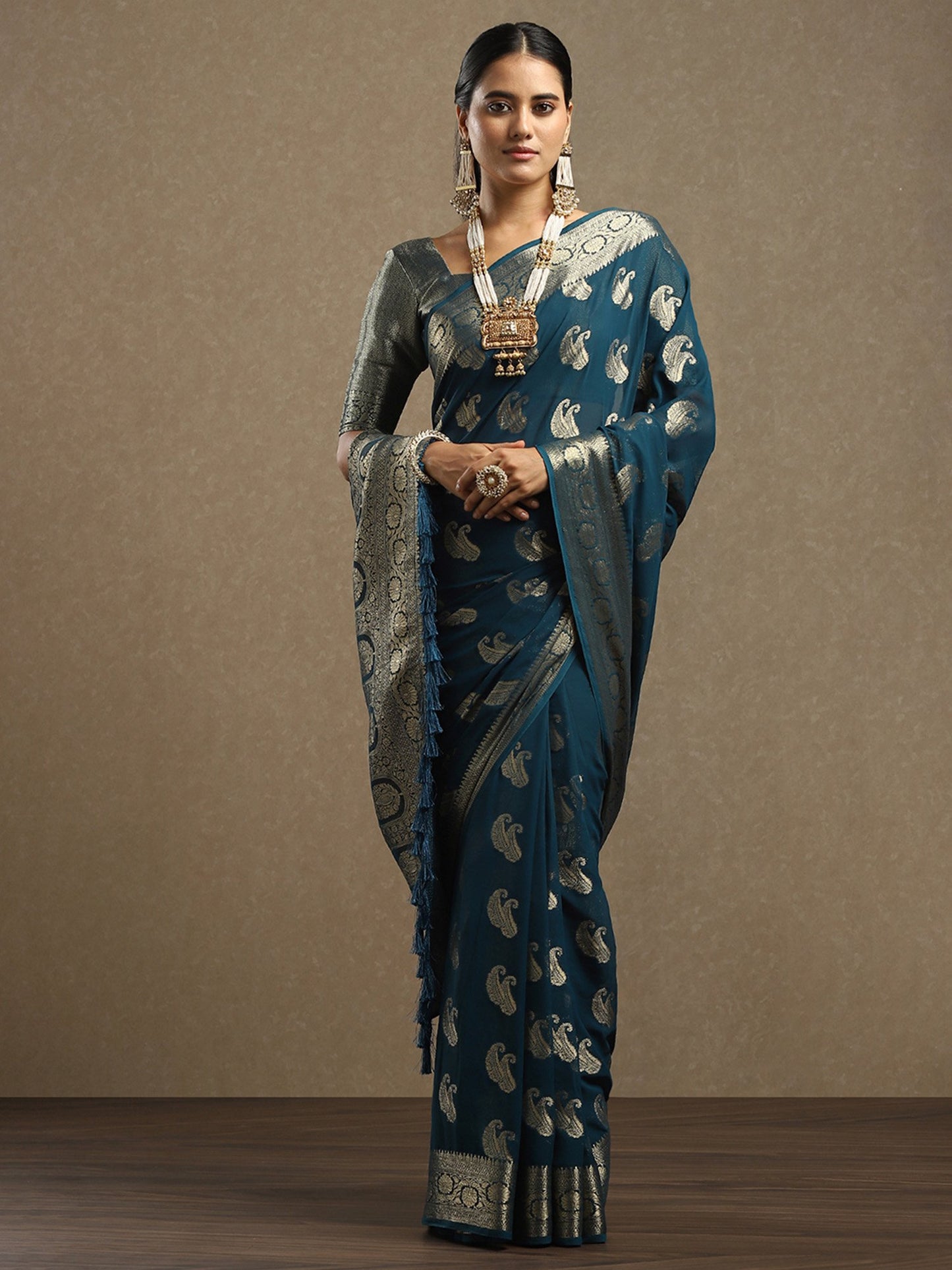 Teal Bagh Georgette Woven Saree