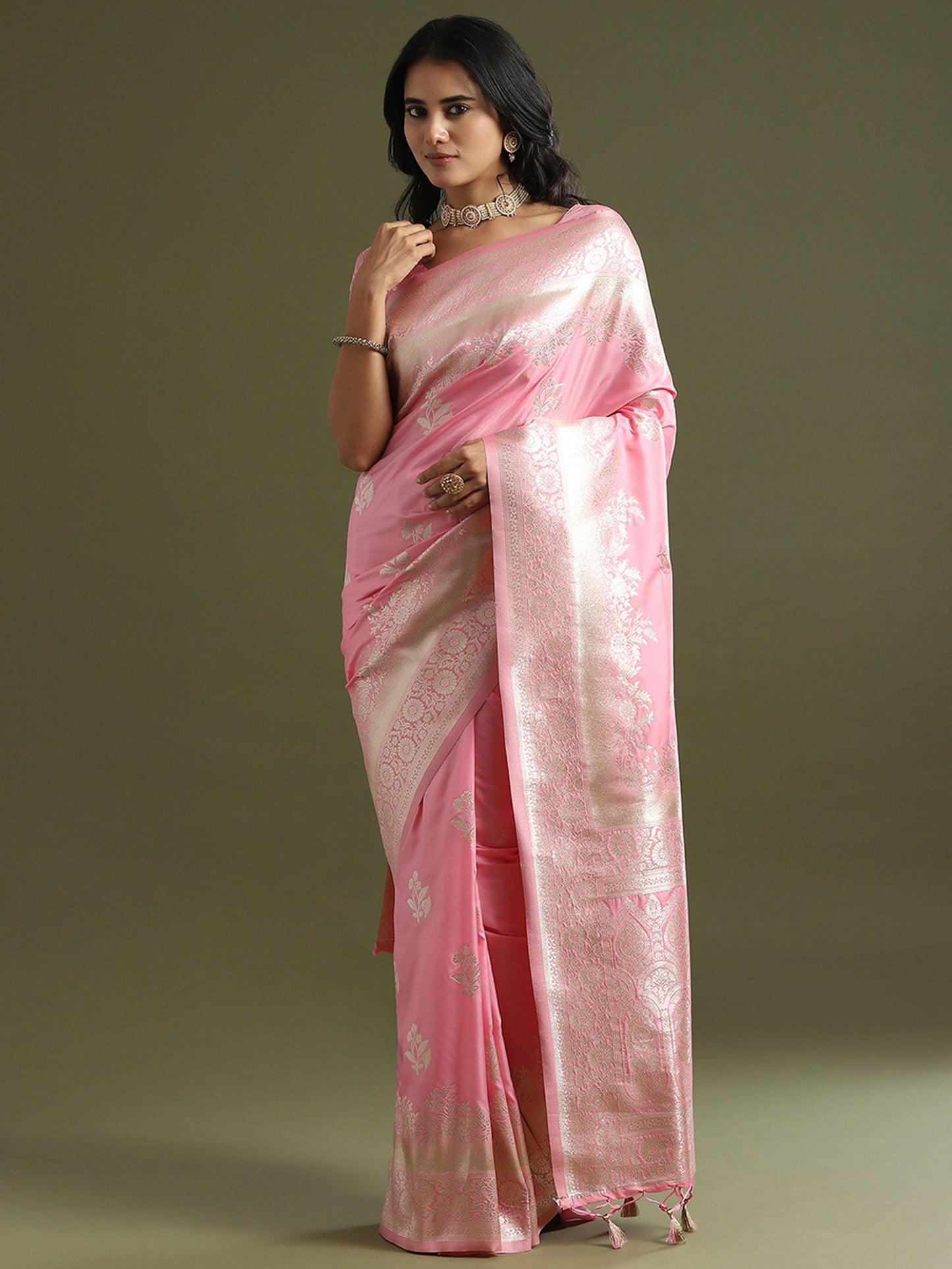 Pink Banarasi Soft Silk Woven Saree