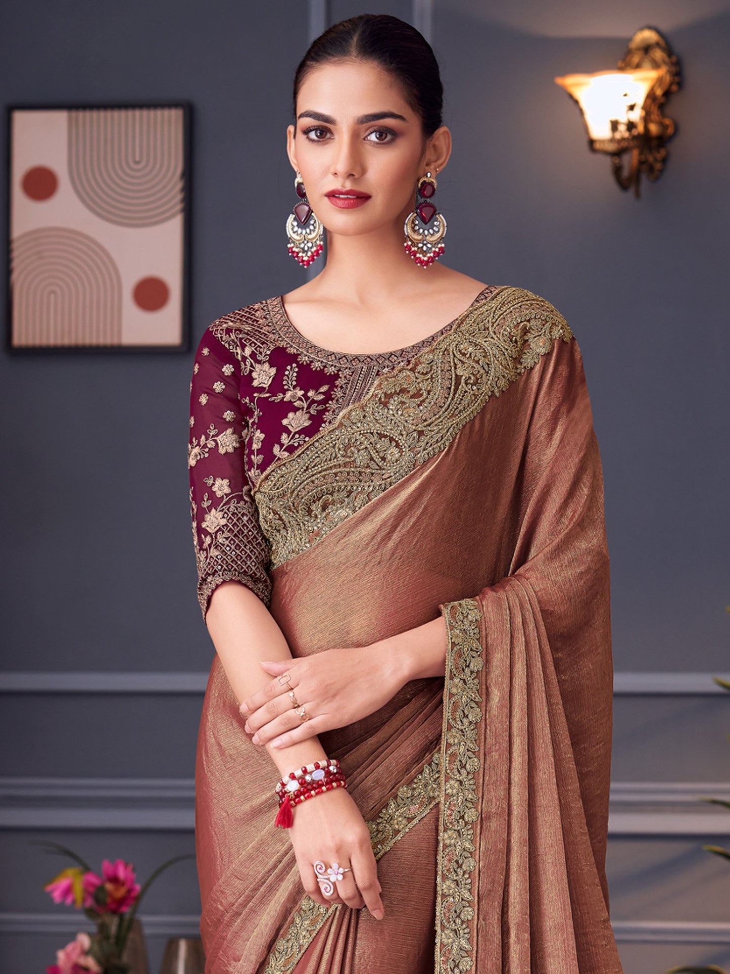 Mauve Party Wear Pure Chiffon Embellished Saree