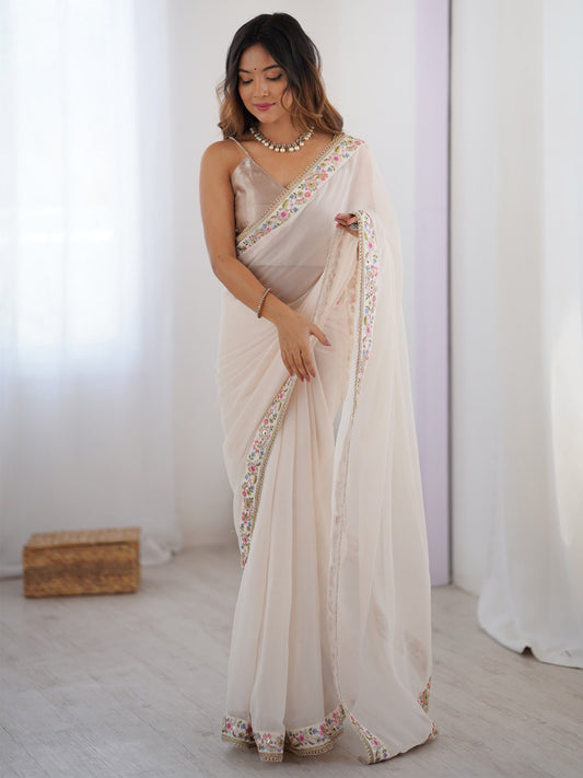 White Off Party Wear Georgette Embellished Saree