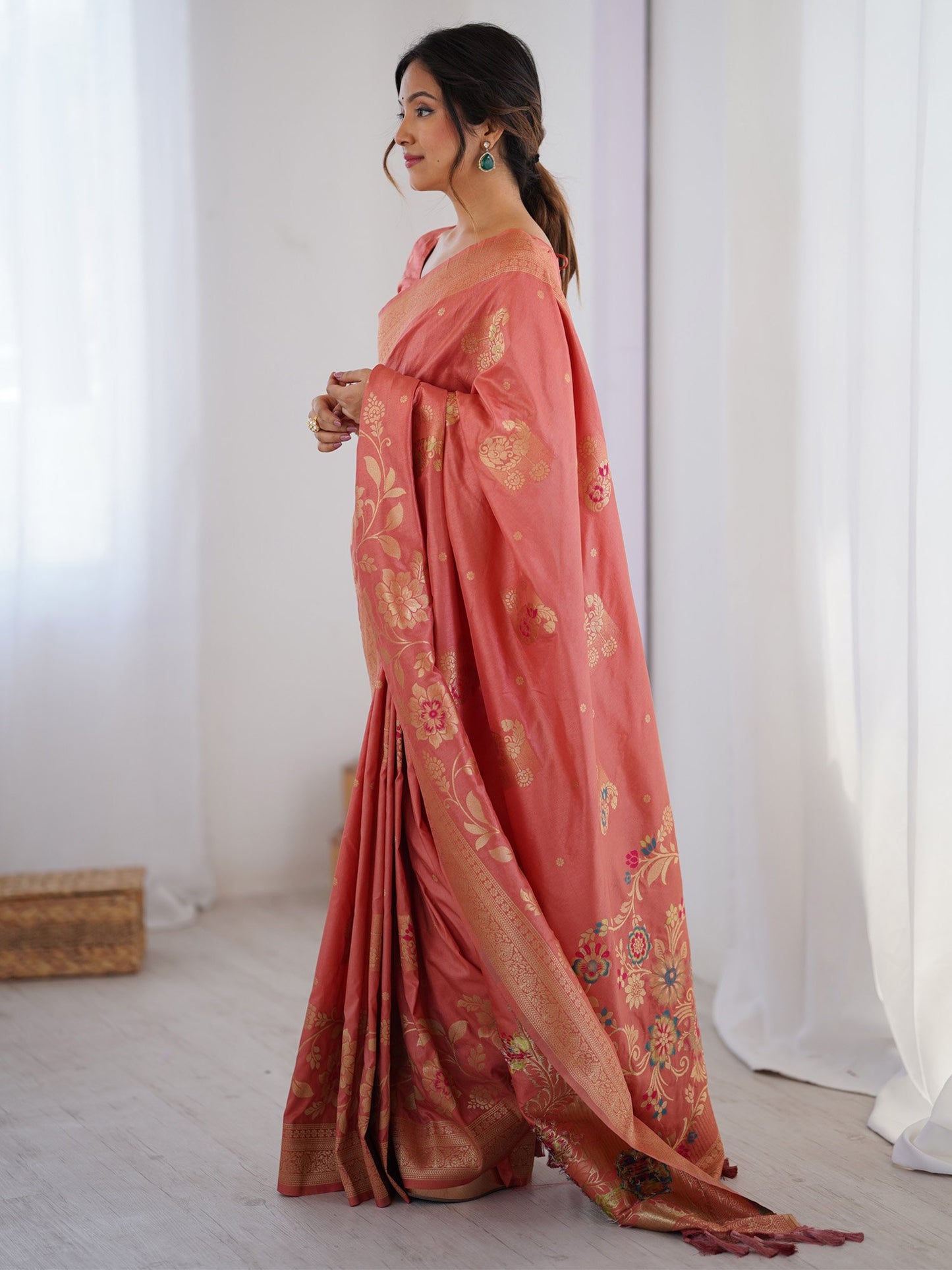 Peach Kanjeevaram Dola Silk Woven Saree