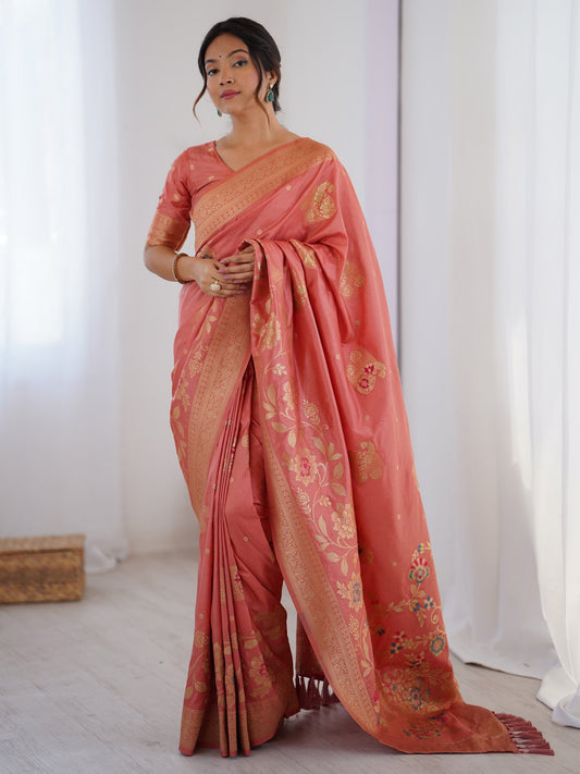 Pink Peach Kanjeevaram Dola Silk Woven Saree