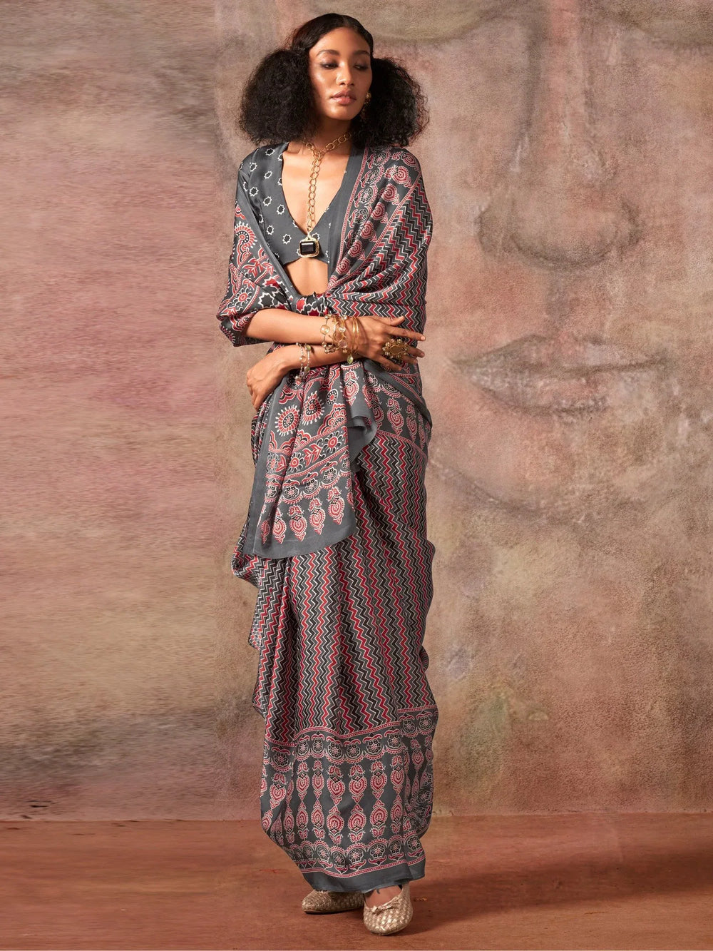 Grey Block Print Satin Printed Saree - The Dori Store