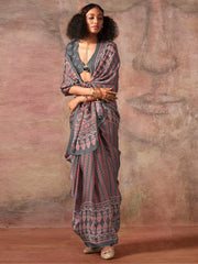 Grey Block Print Satin Printed Saree - The Dori Store