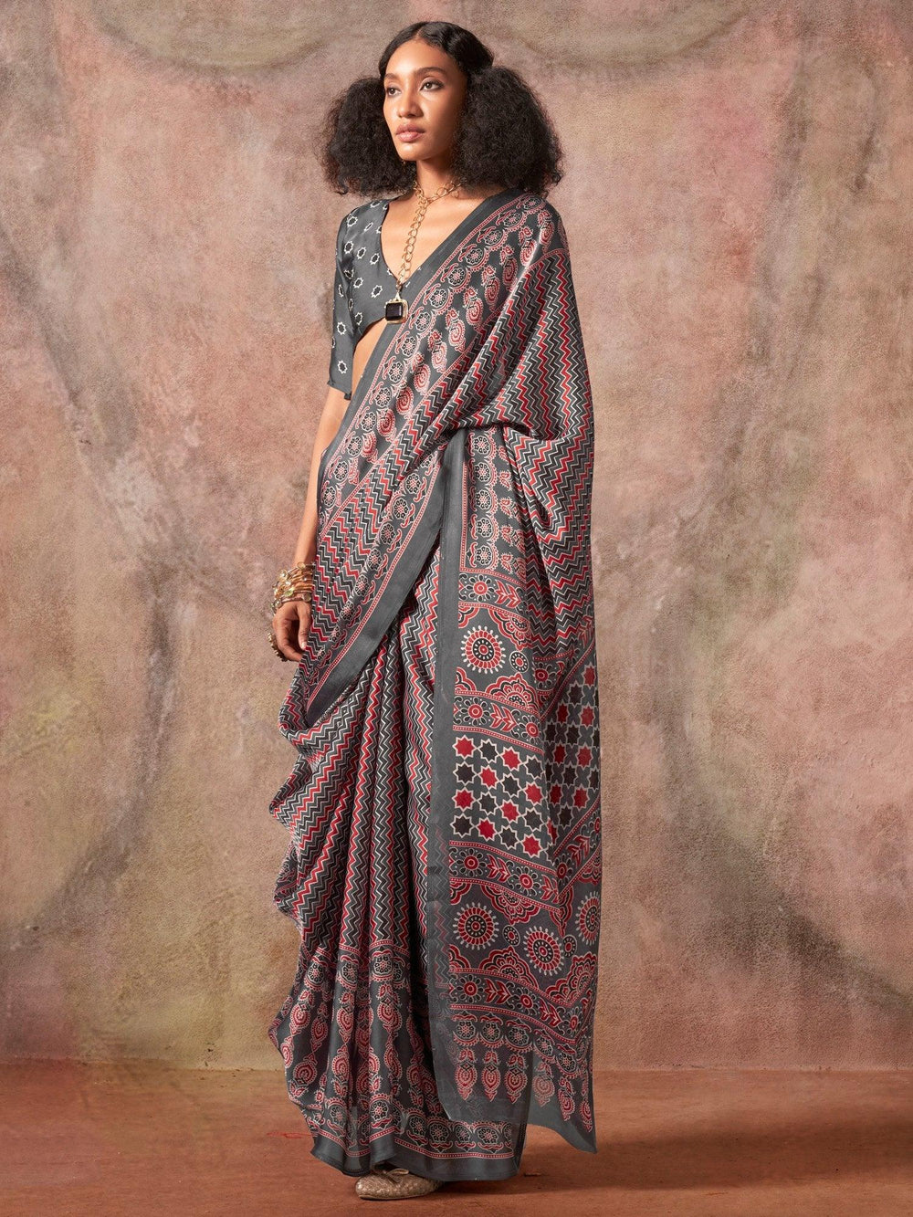 Grey Block Print Satin Printed Saree - The Dori Store