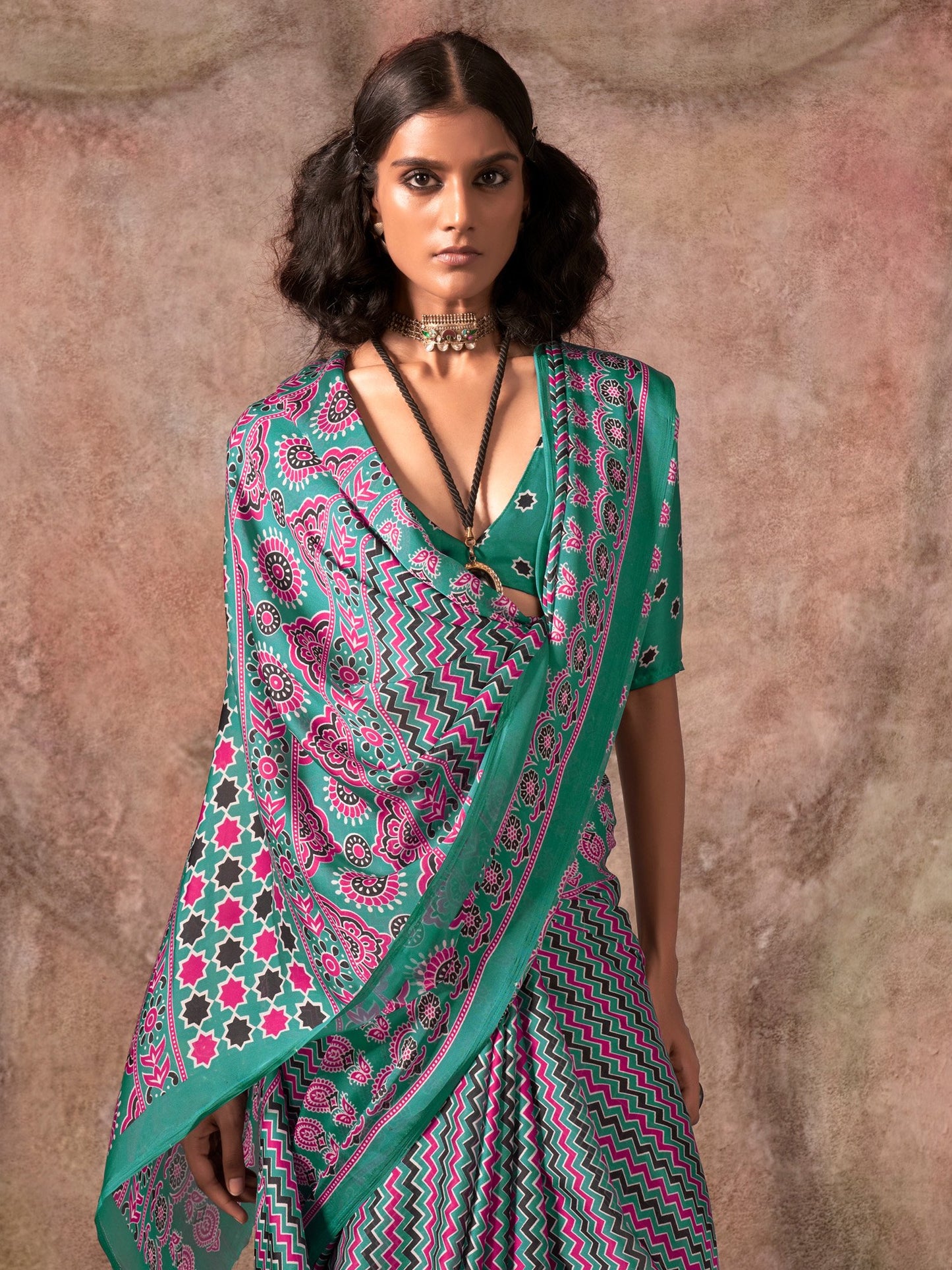 Teal Block Print Satin Printed Saree