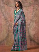 Teal Blue Block Print Satin Printed Saree - The Dori Store