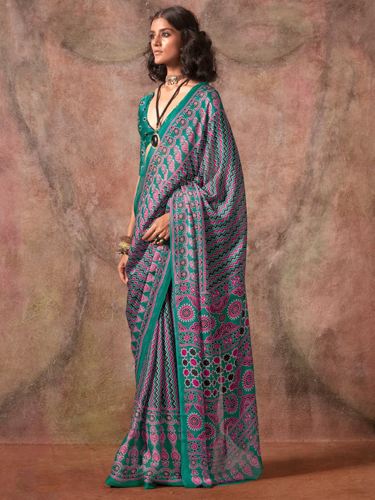 Blue Teal Block Print Satin Printed Saree