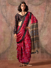 Maroon Block Print Satin Printed Saree - The Dori Store