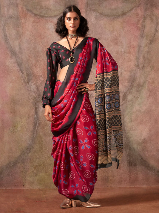 Maroon Maroon Block Print Satin Printed Saree