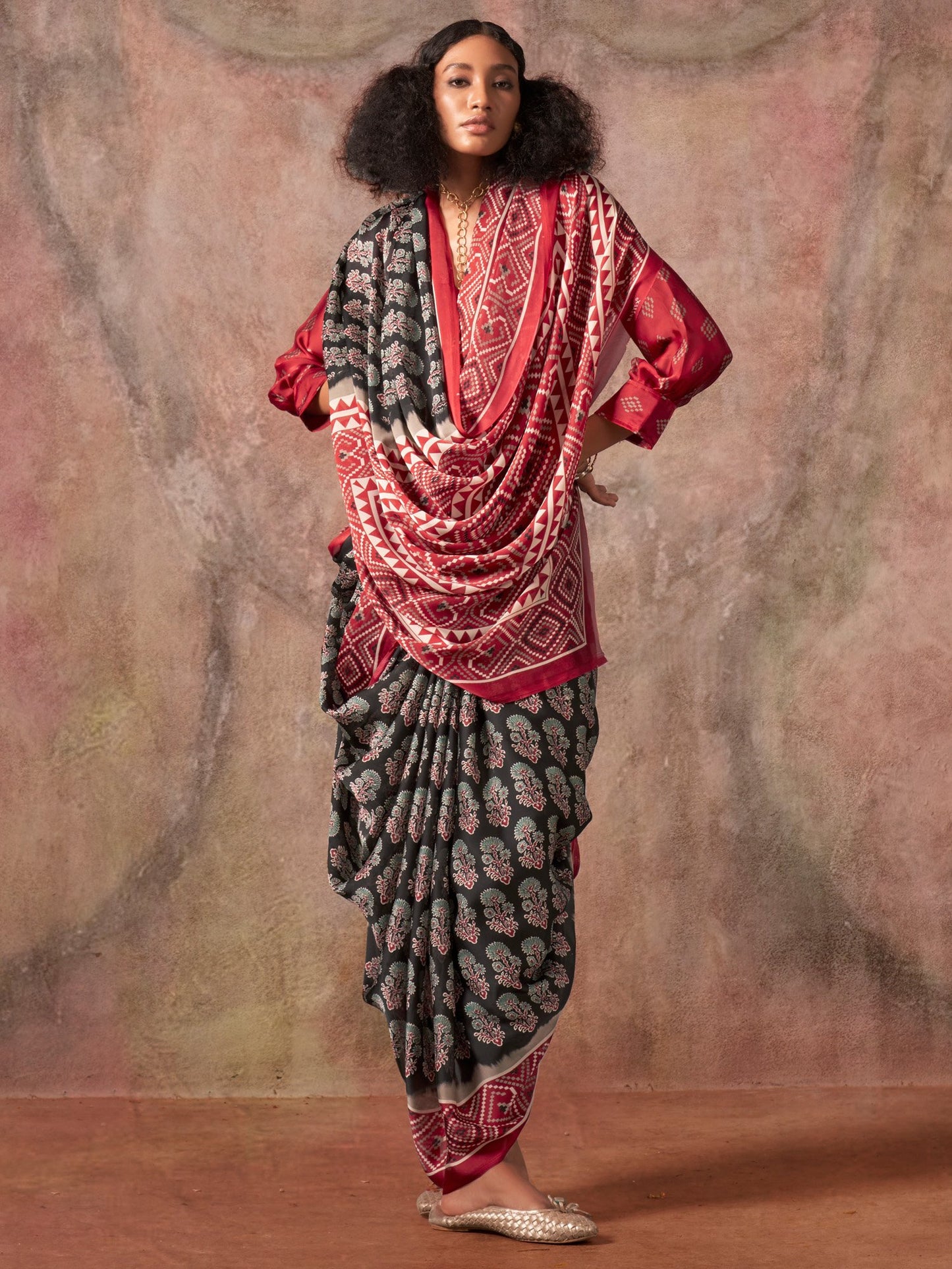 Black Black Block Print Satin Printed Saree