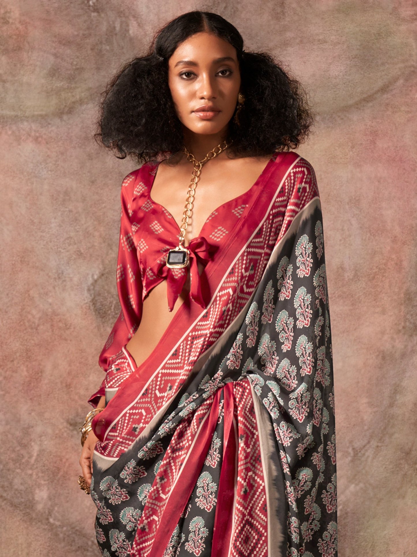 Black Block Print Satin Printed Saree