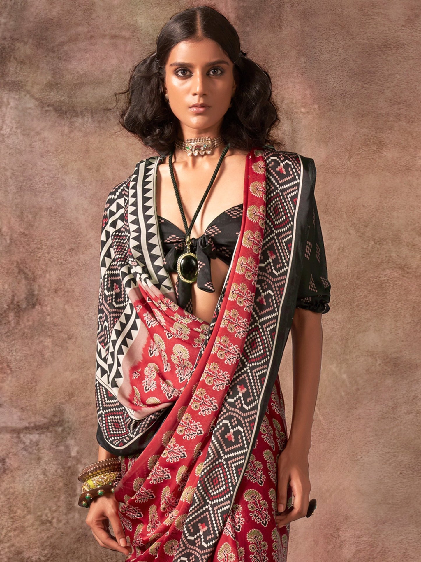 Maroon Block Print Satin Printed Saree