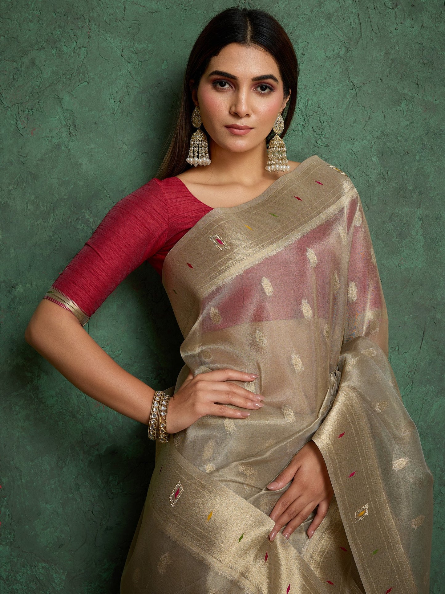 Beige Paithani Tissue Woven Saree