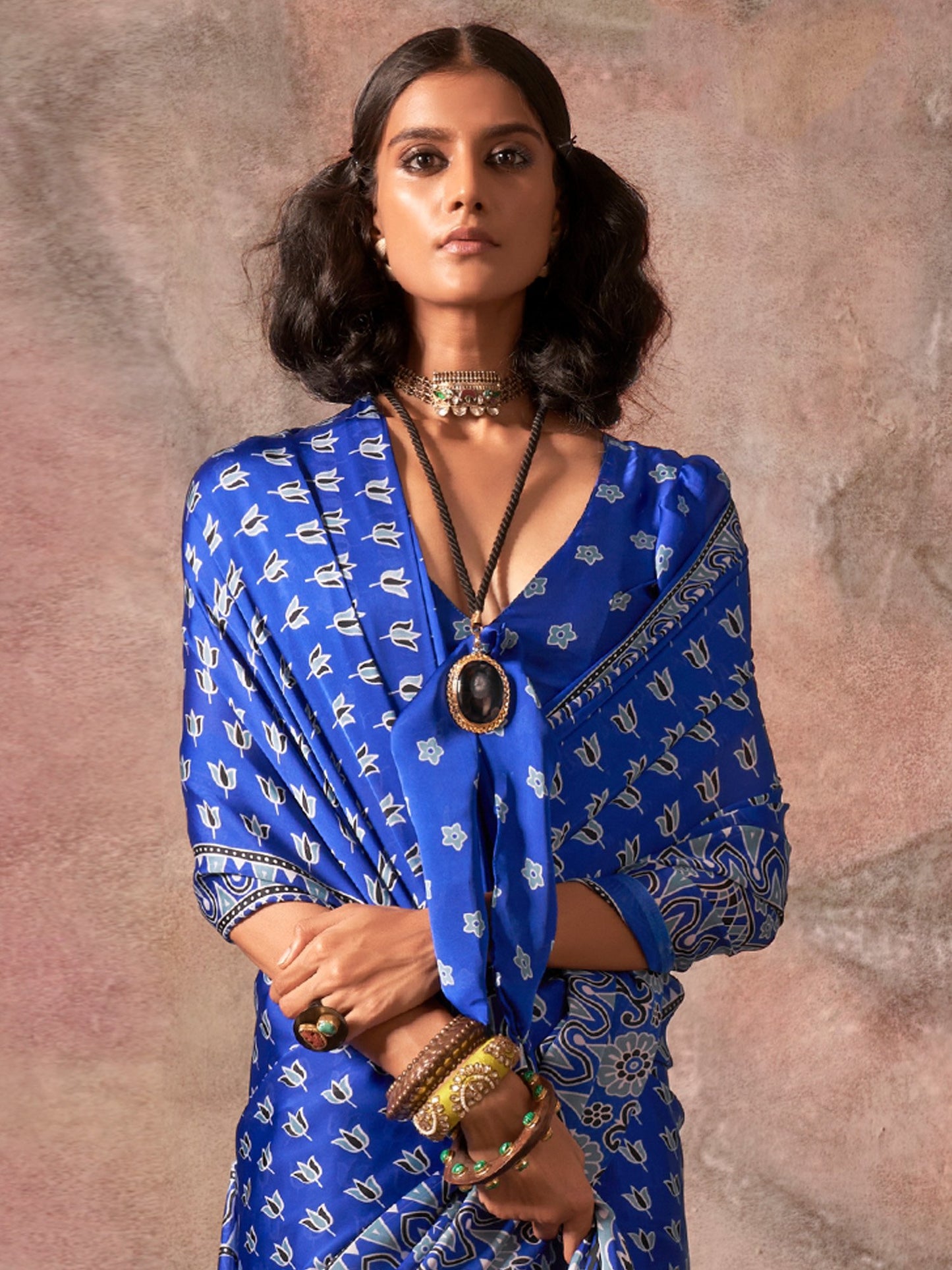 Blue Block Print Satin Printed Saree