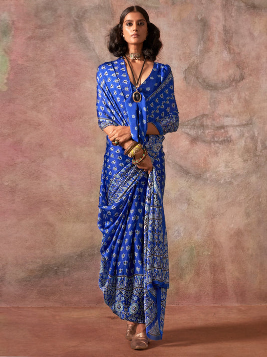 Blue Blue Block Print Satin Printed Saree