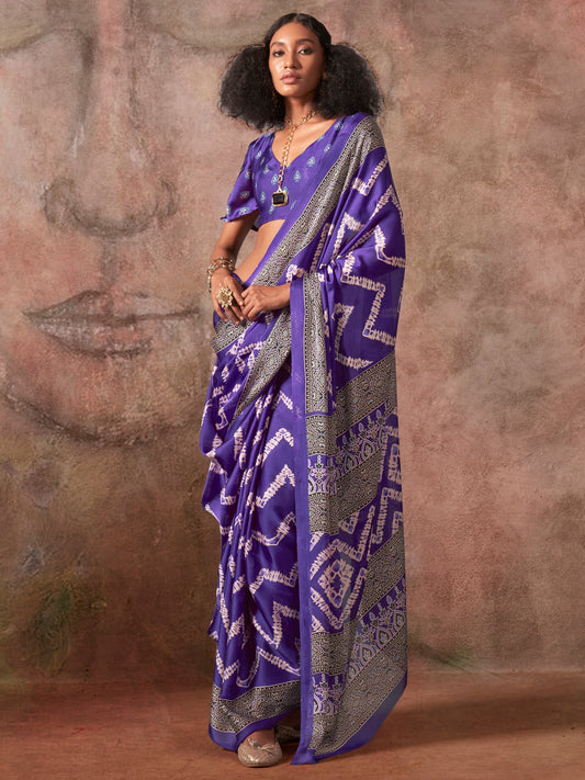 Purple Purple Block Print Satin Printed Saree