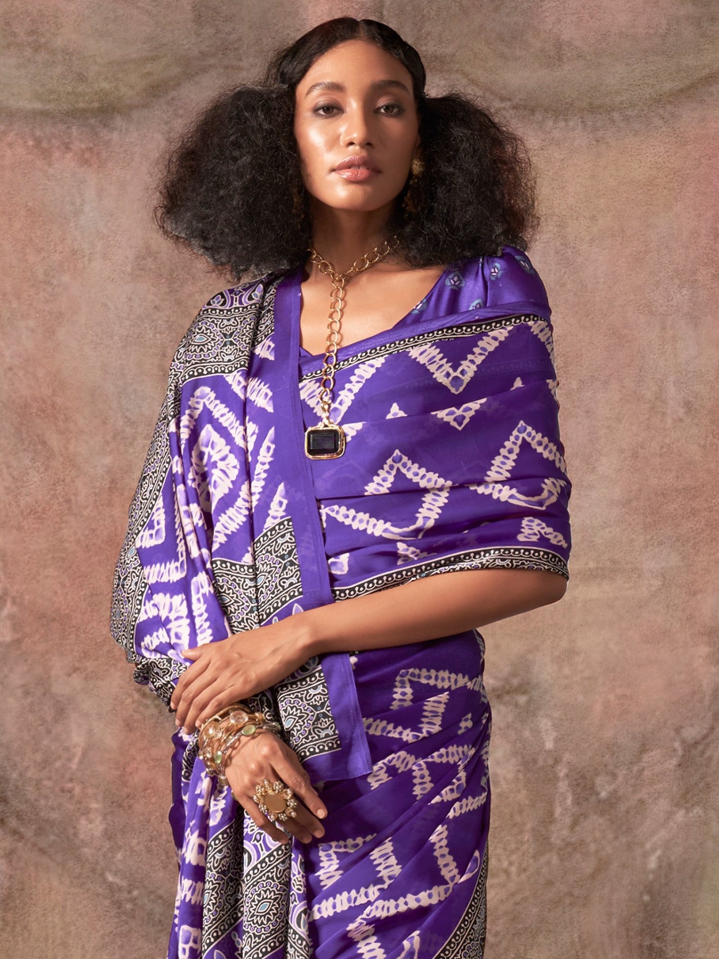 Purple Block Print Satin Printed Saree