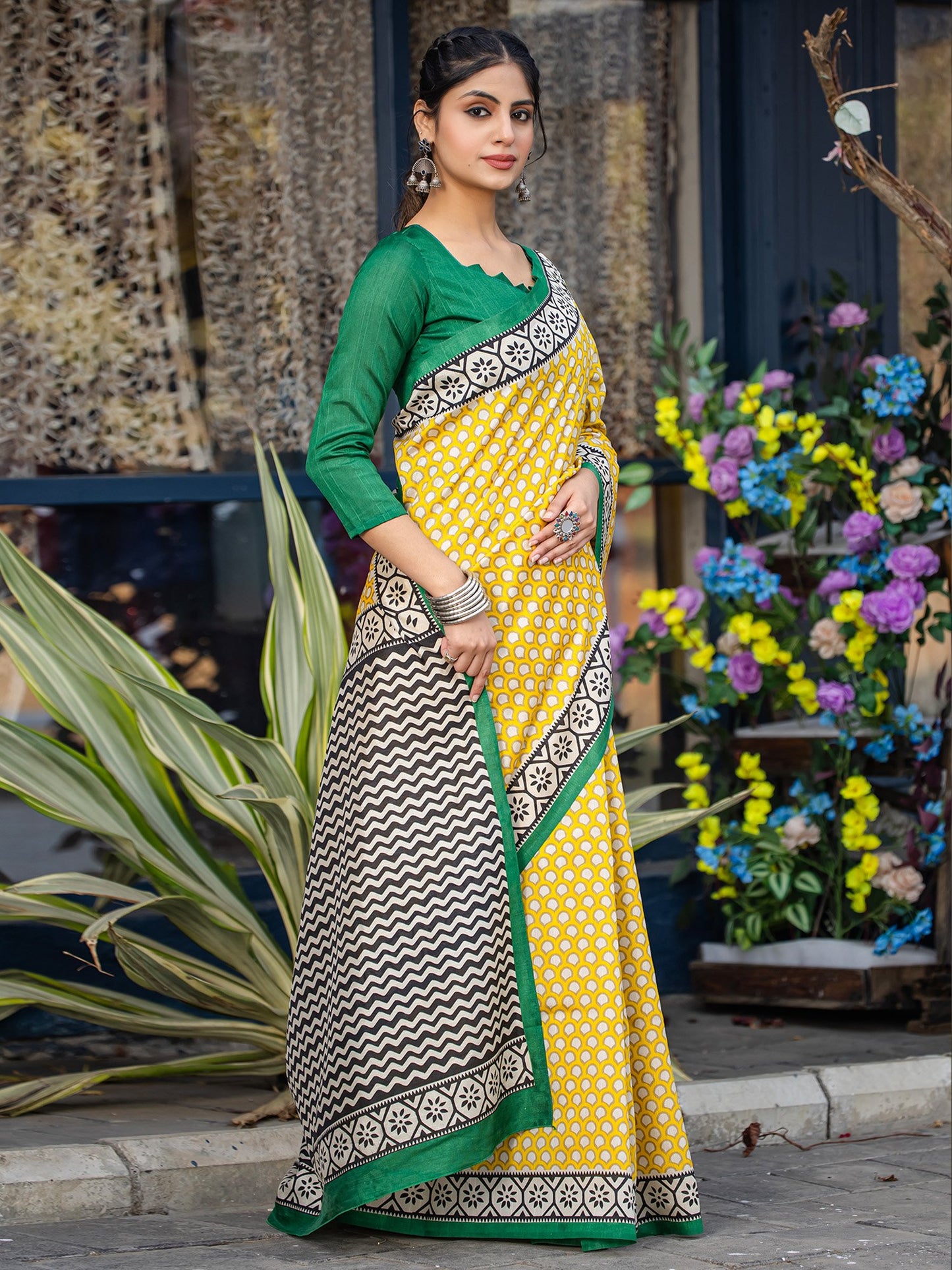 Yellow Bagru Bhagalpuri Silk Printed Saree