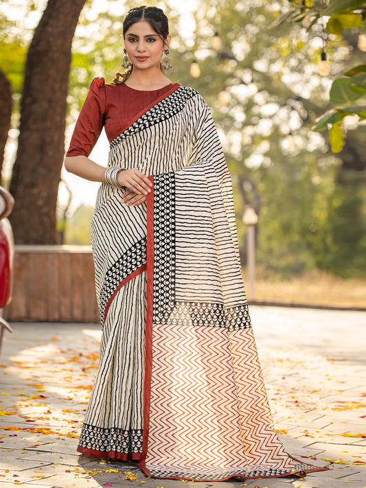 White Off Leheriya Bhagalpuri Silk Printed Saree