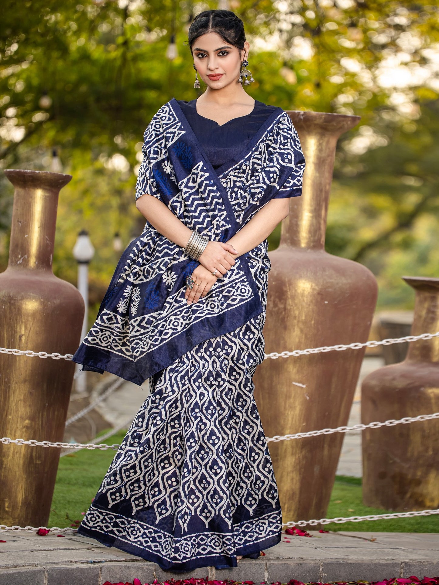 Navy Bagru Bhagalpuri Silk Printed Saree