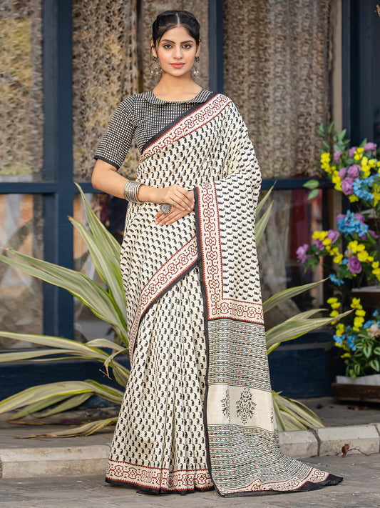 White Off Bagru Bhagalpuri Silk Printed Saree
