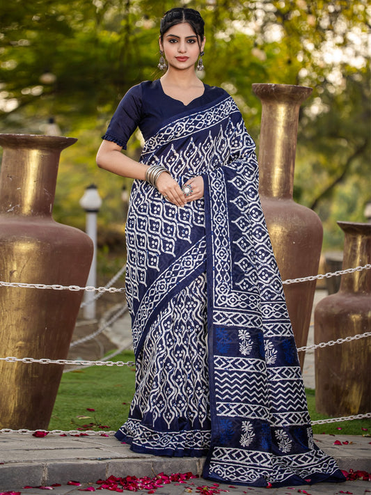 Blue Navy Bagru Bhagalpuri Silk Printed Saree