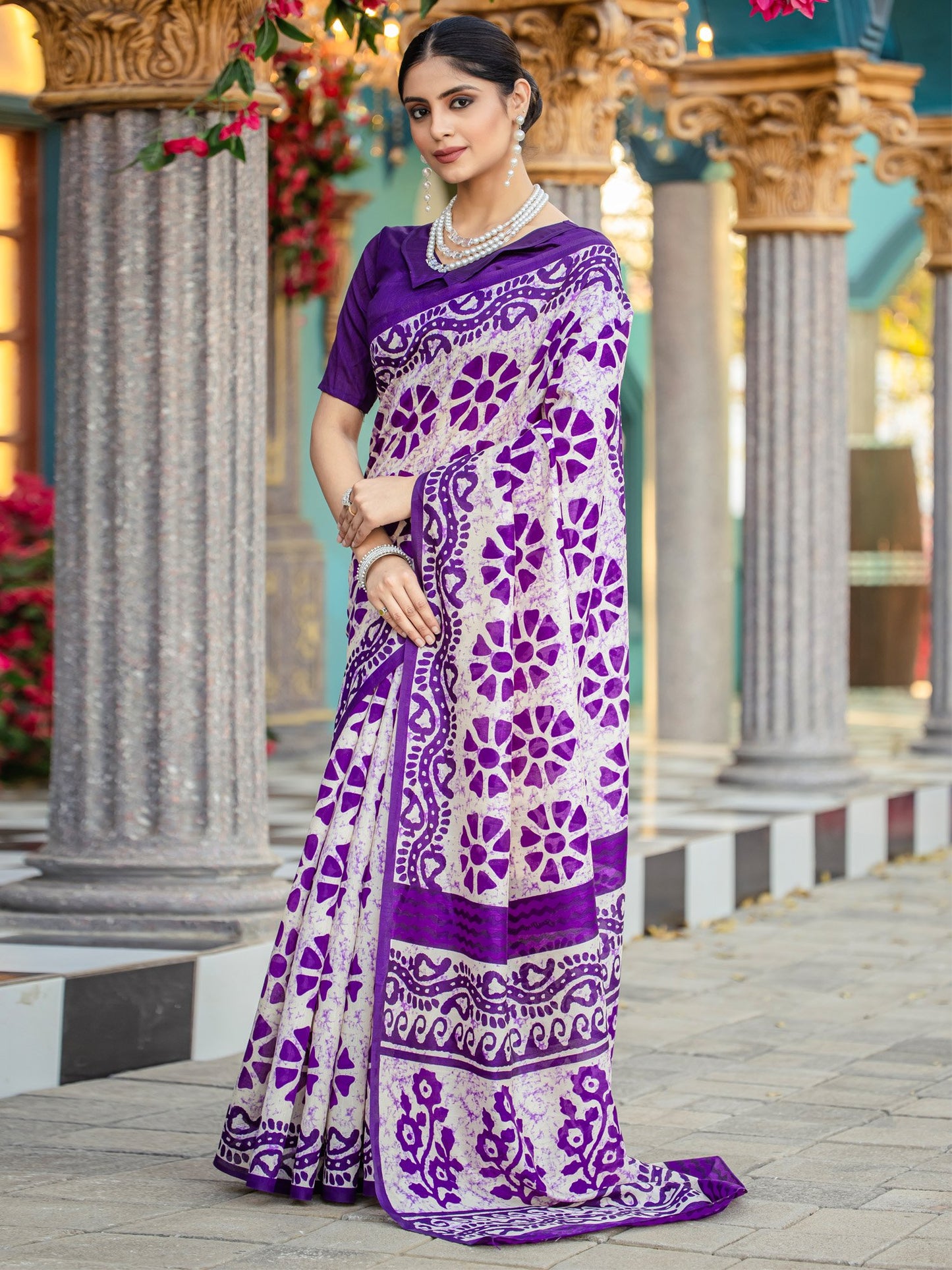 White Block Print Bhagalpuri Silk Printed Saree