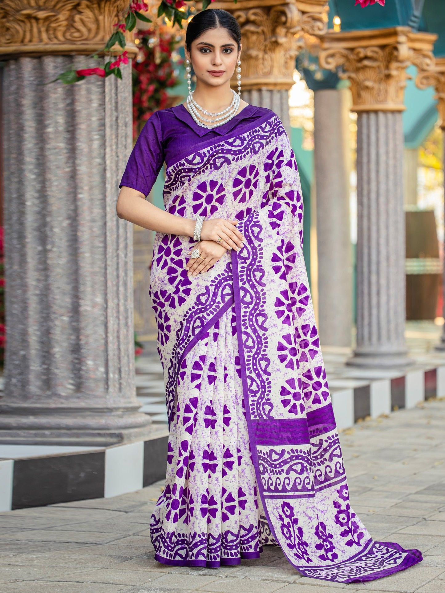 White White Block Print Bhagalpuri Silk Printed Saree