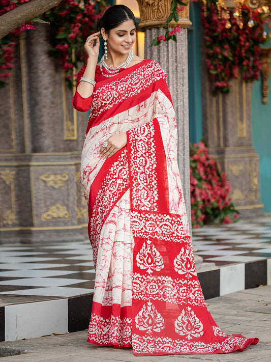 White Off Block Print Bhagalpuri Silk Printed Saree