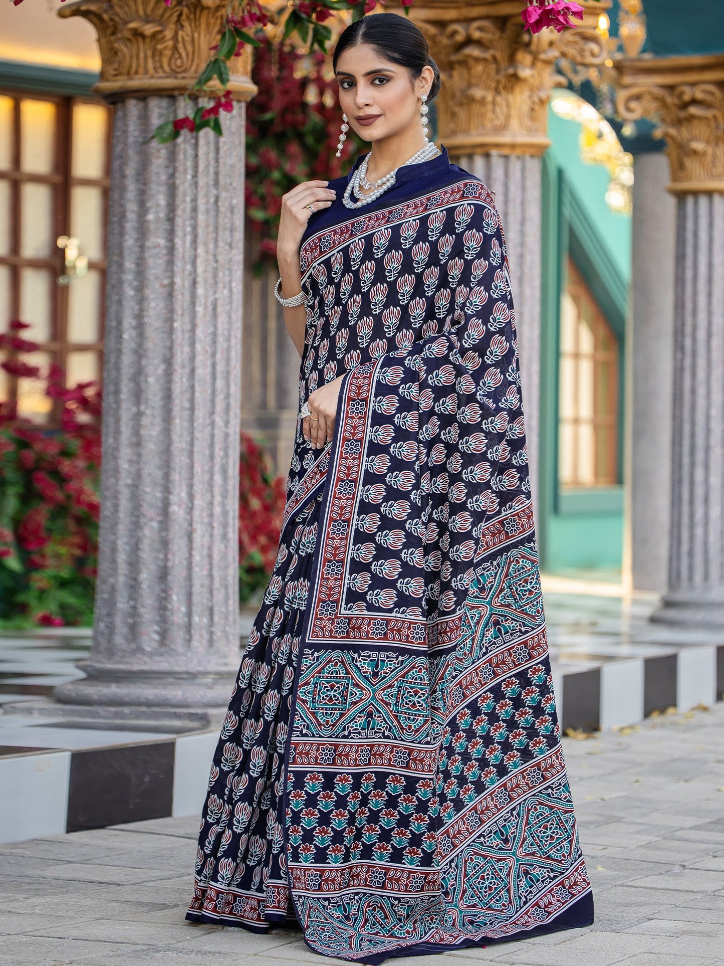 Navy Bagru Bhagalpuri Silk Printed Saree
