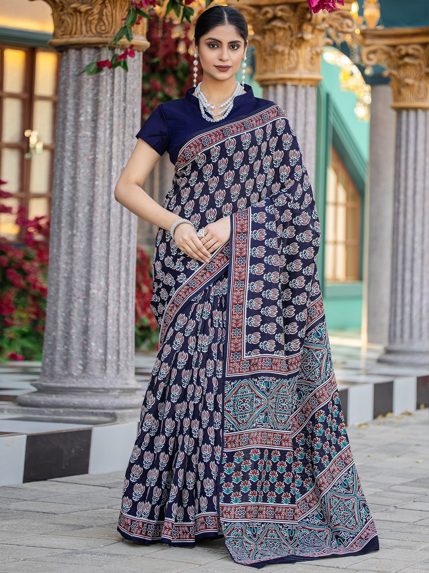 Blue Navy Bagru Bhagalpuri Silk Printed Saree