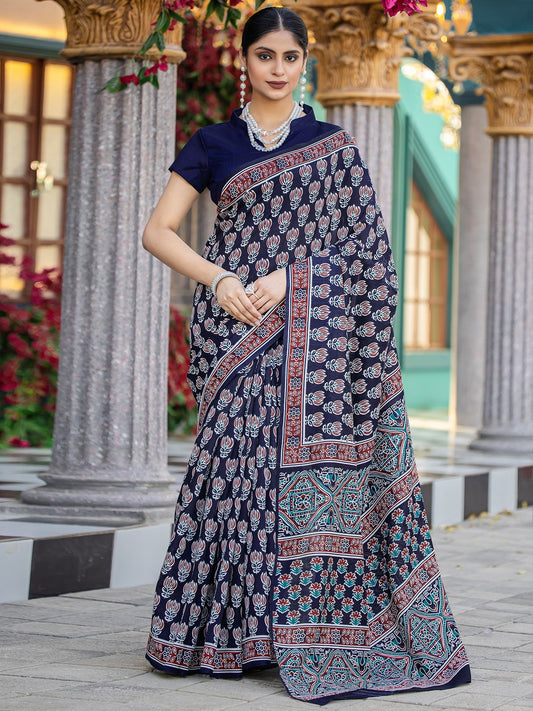 Blue Navy Bagru Bhagalpuri Silk Printed Saree