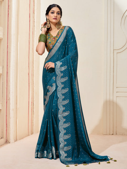 Blue Teal Kanjeevaram chinnon Woven Saree