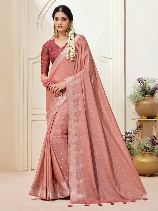 Pink Peach Kanjeevaram chinnon Woven Saree